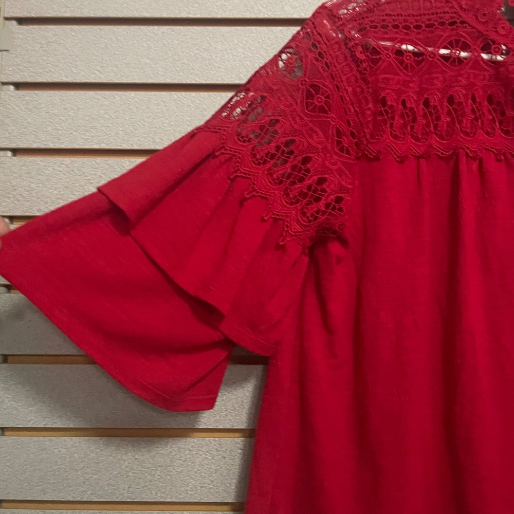 Hannah Red Crochet Lace Yoke Tiered Ruffle Sleeve Blouse Top Womens Large - Picture 4 of 6